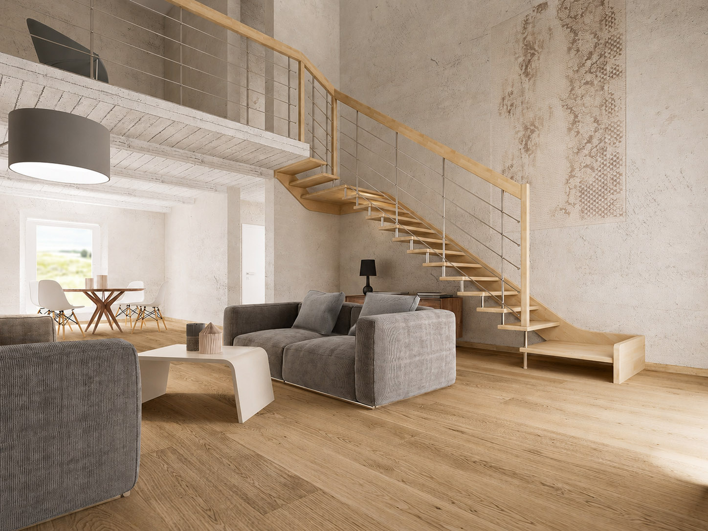 Scala a chiocciola renderizzata con texture del legno fedeli al campione reale