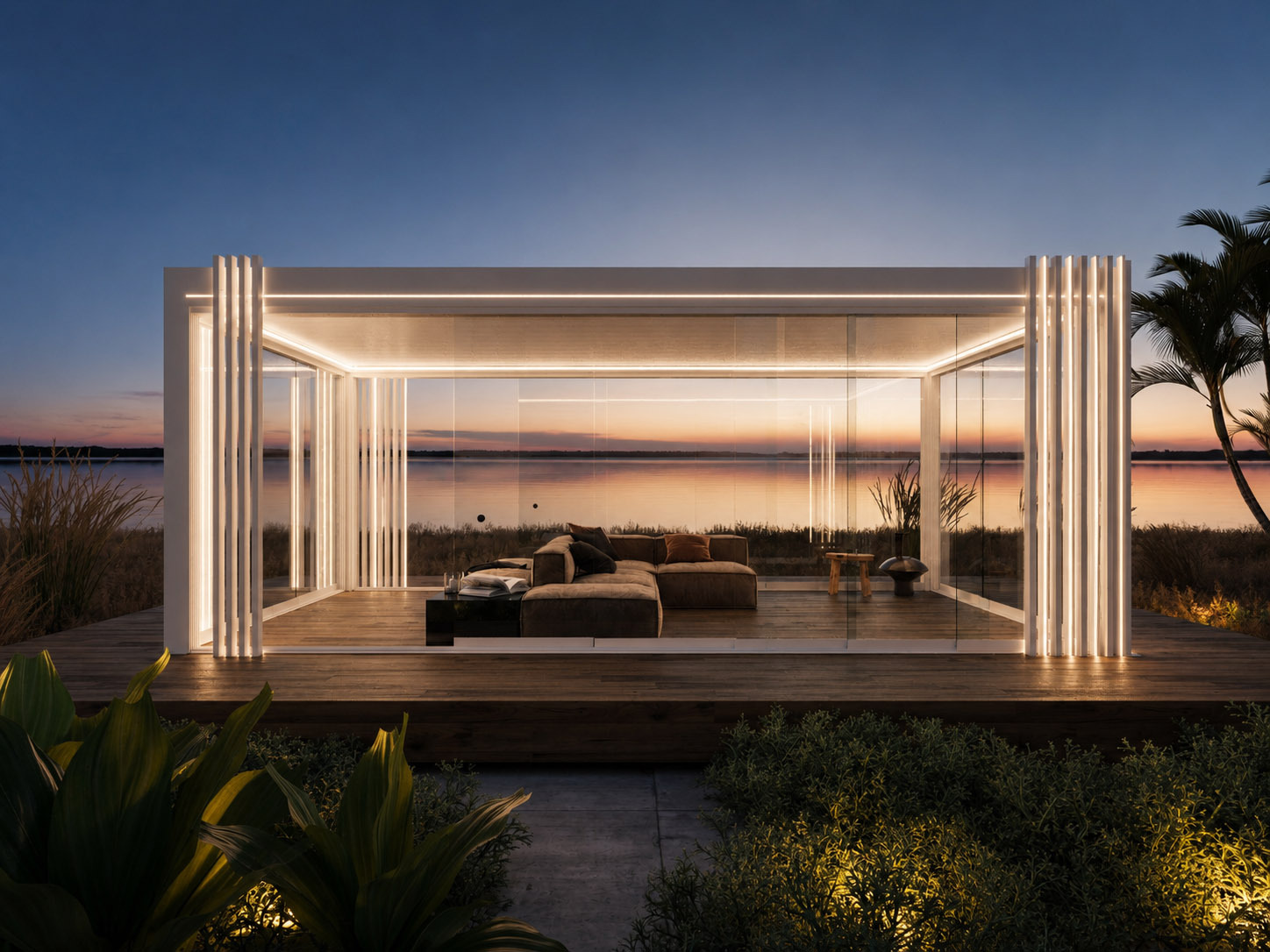 Rendering fotorealistico di pergola piana in ambientazione esterna