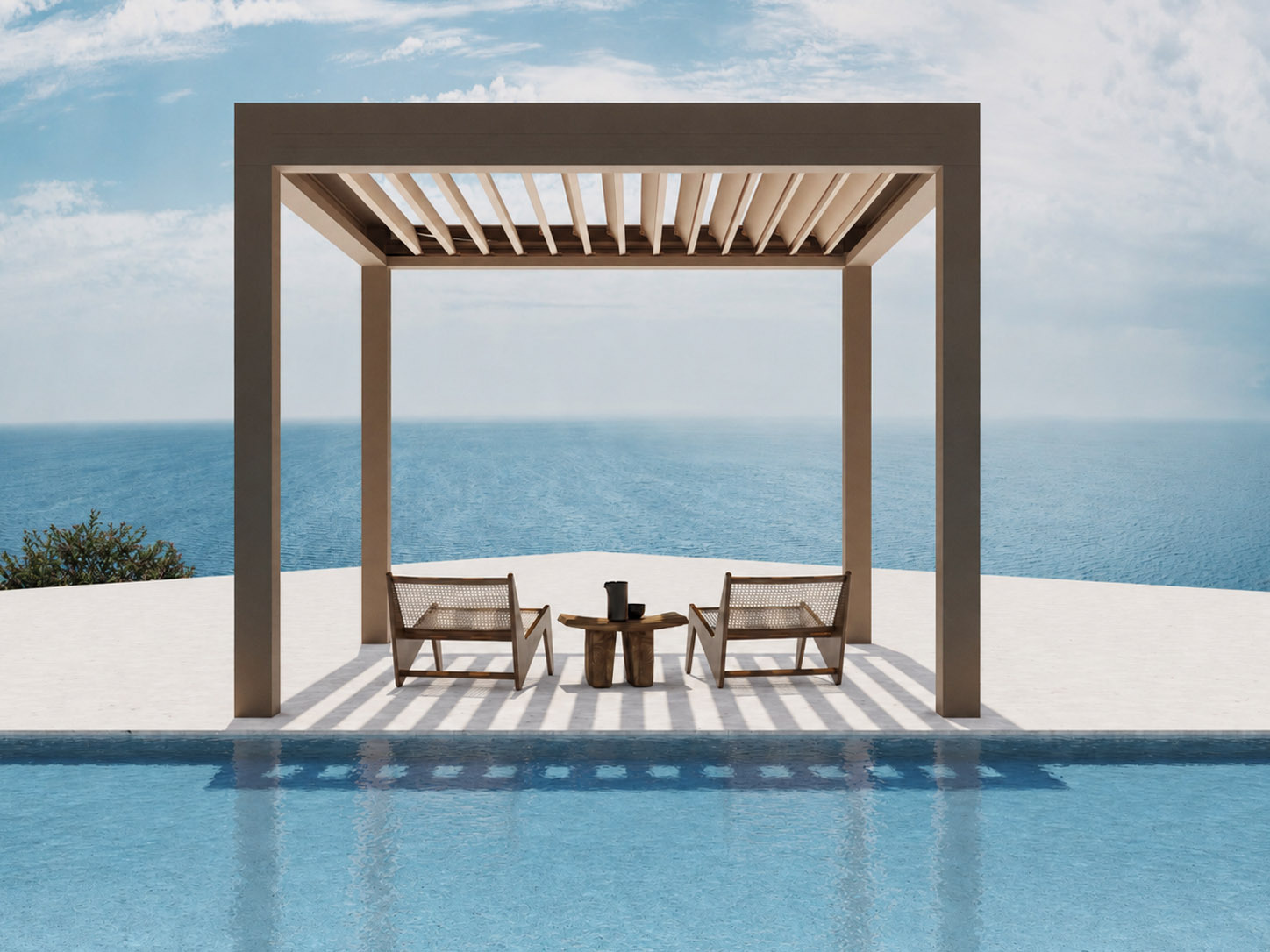 Rendering fotorealistico di pergola bioclimatica in ambientazione esterna