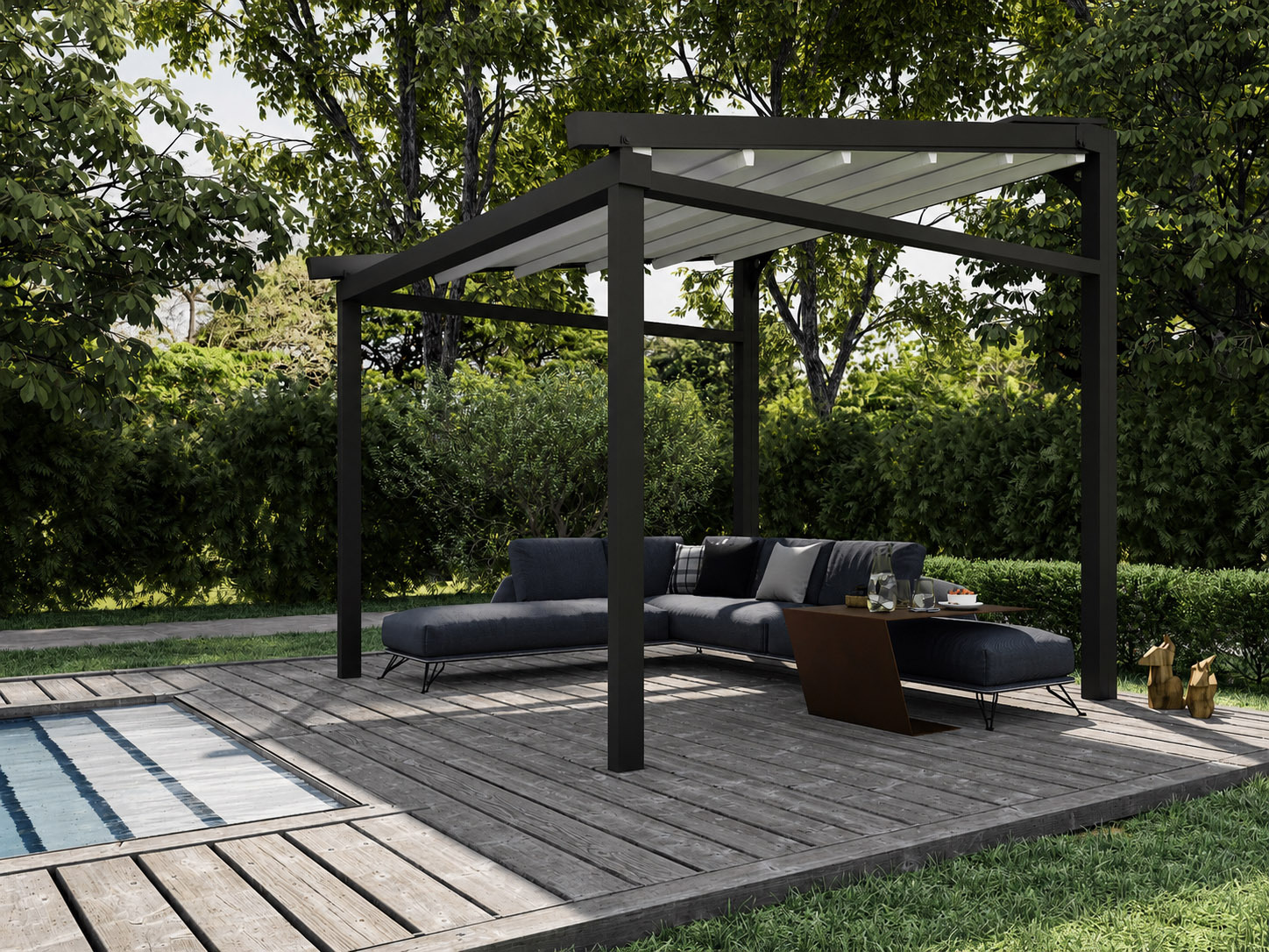 Rendering fotorealistico di pergola inclinata in ambientazione esterna