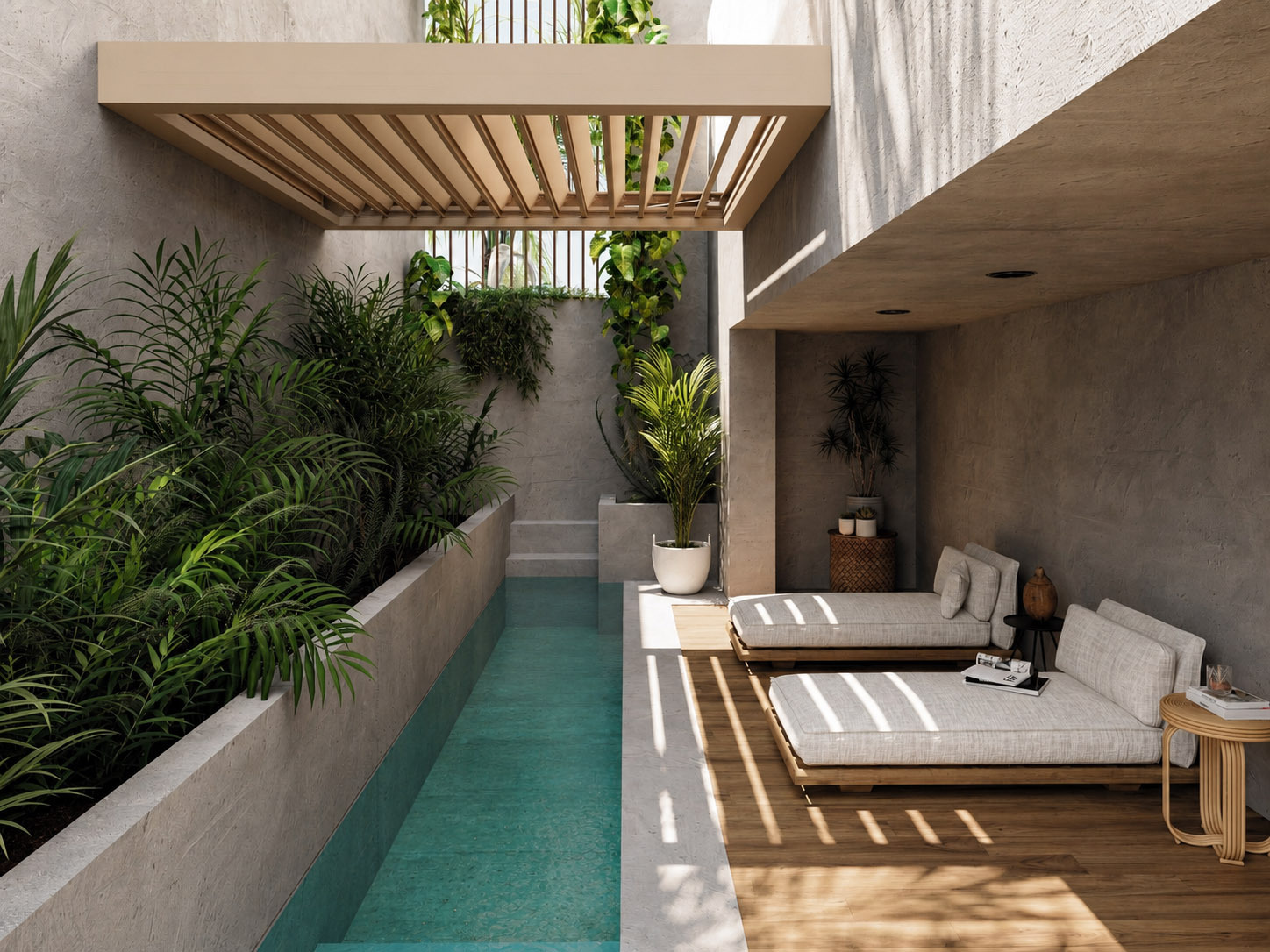 Rendering fotorealistico di pergola meccanica in ambientazione esterna