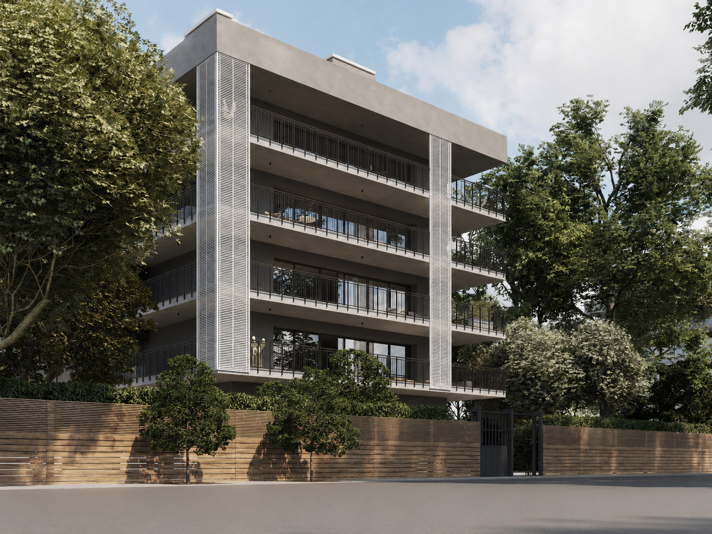 Rendering fotorealistico di parapetti in alluminio/pvc in contesto residenziale