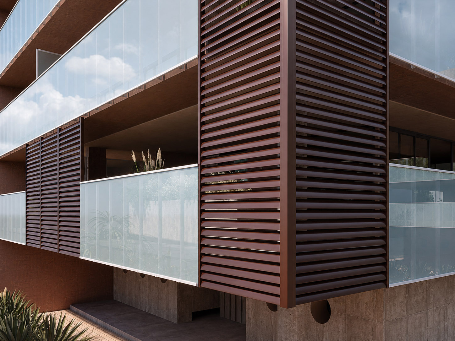 Rendering fotorealistico di parapetti in alluminio/pvc in contesto residenziale