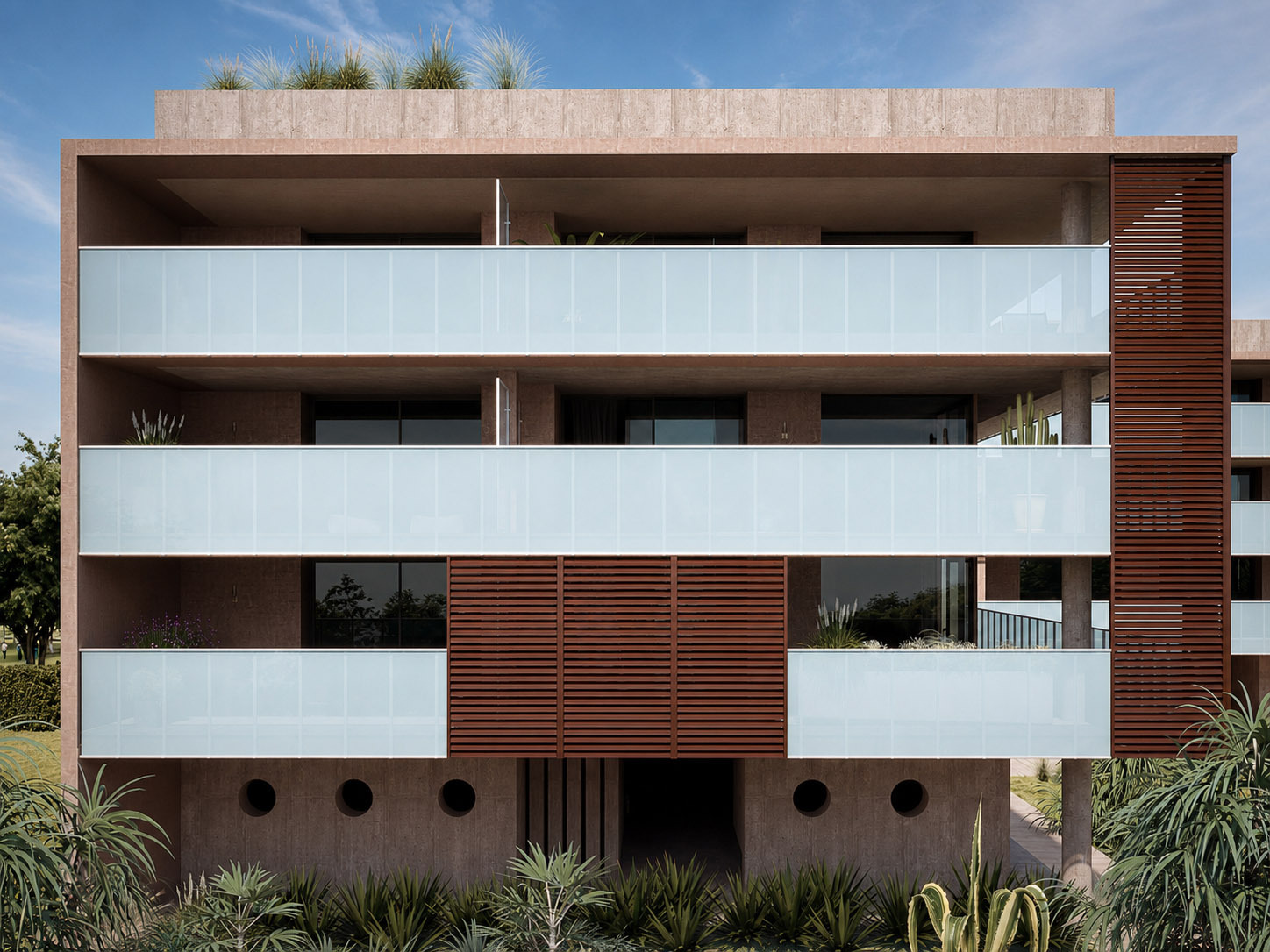 Rendering fotorealistico di parapetti in alluminio/pvc in contesto residenziale