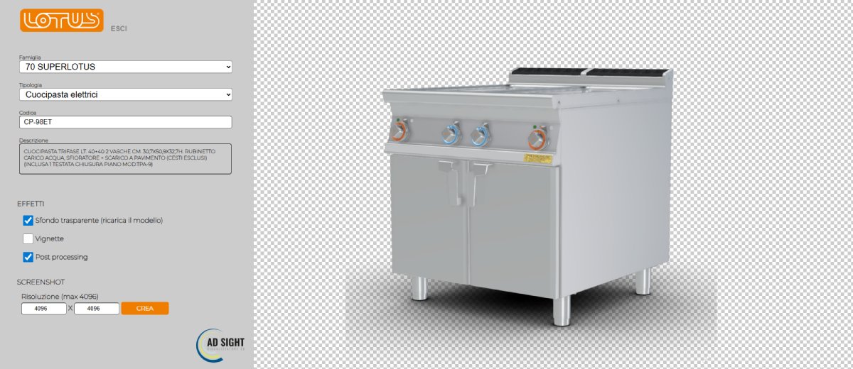 Player web 3D interattivo per cucine industriali sul portale aziendale