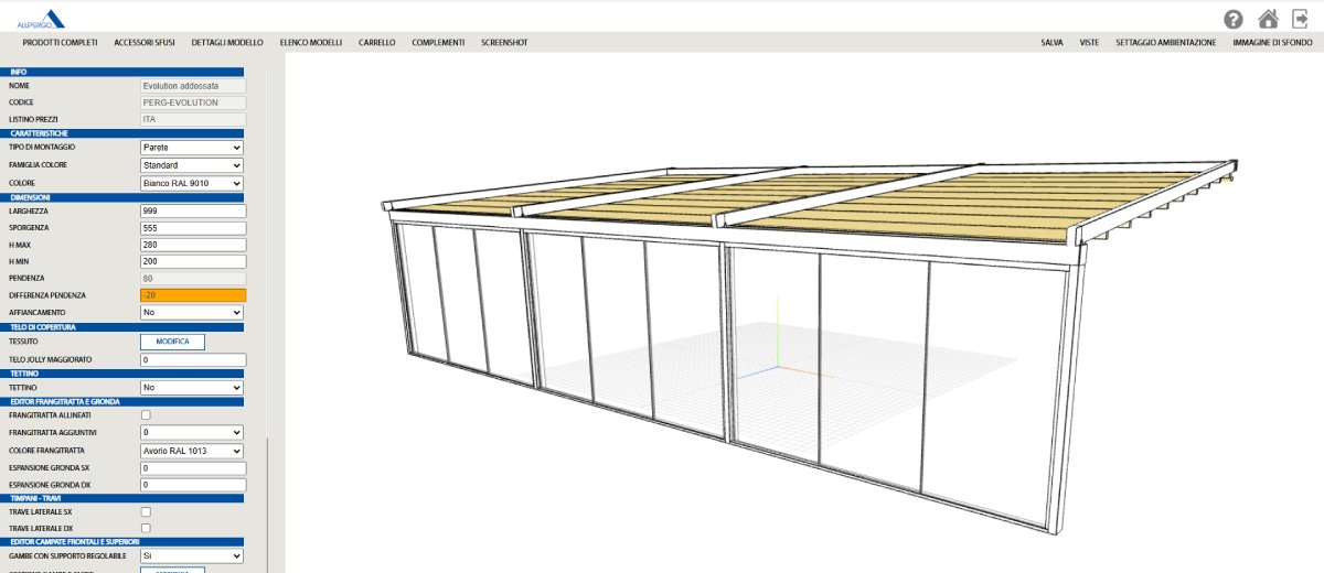 Interfaccia di AD Configurator per pergolati in alluminio su misura