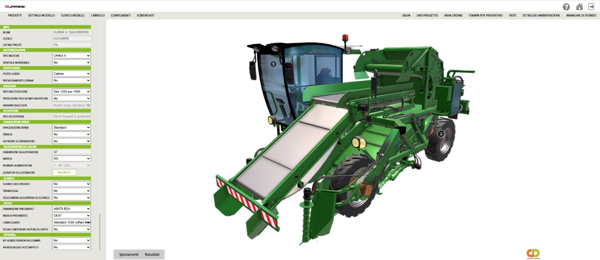 Configuratore di preventivi per macchine agricole con disegni 3D