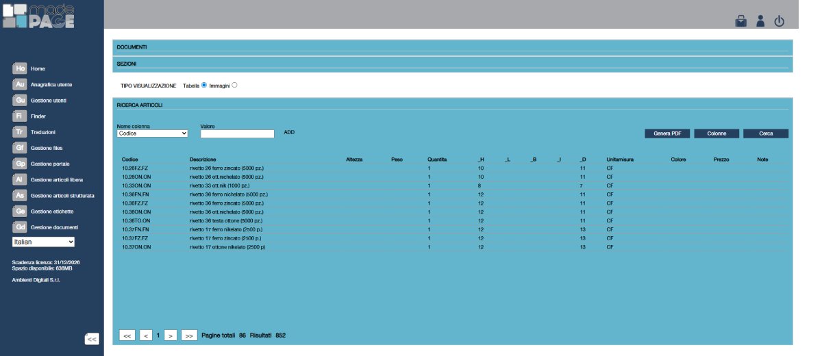 Listino accessori multilingua generato con MadePage